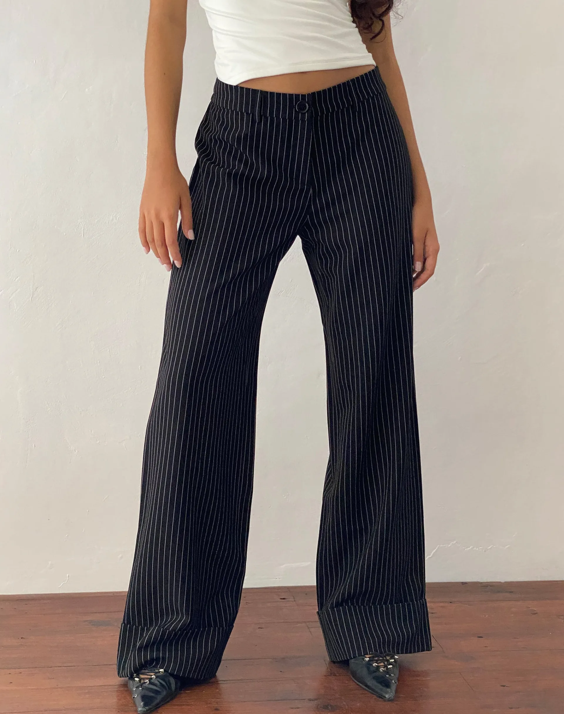Motel Rocks Tailoring | Wide Leg Pants-Abba Low Rise Trouser in Black Pinstripe Tailoring blackpinstripe