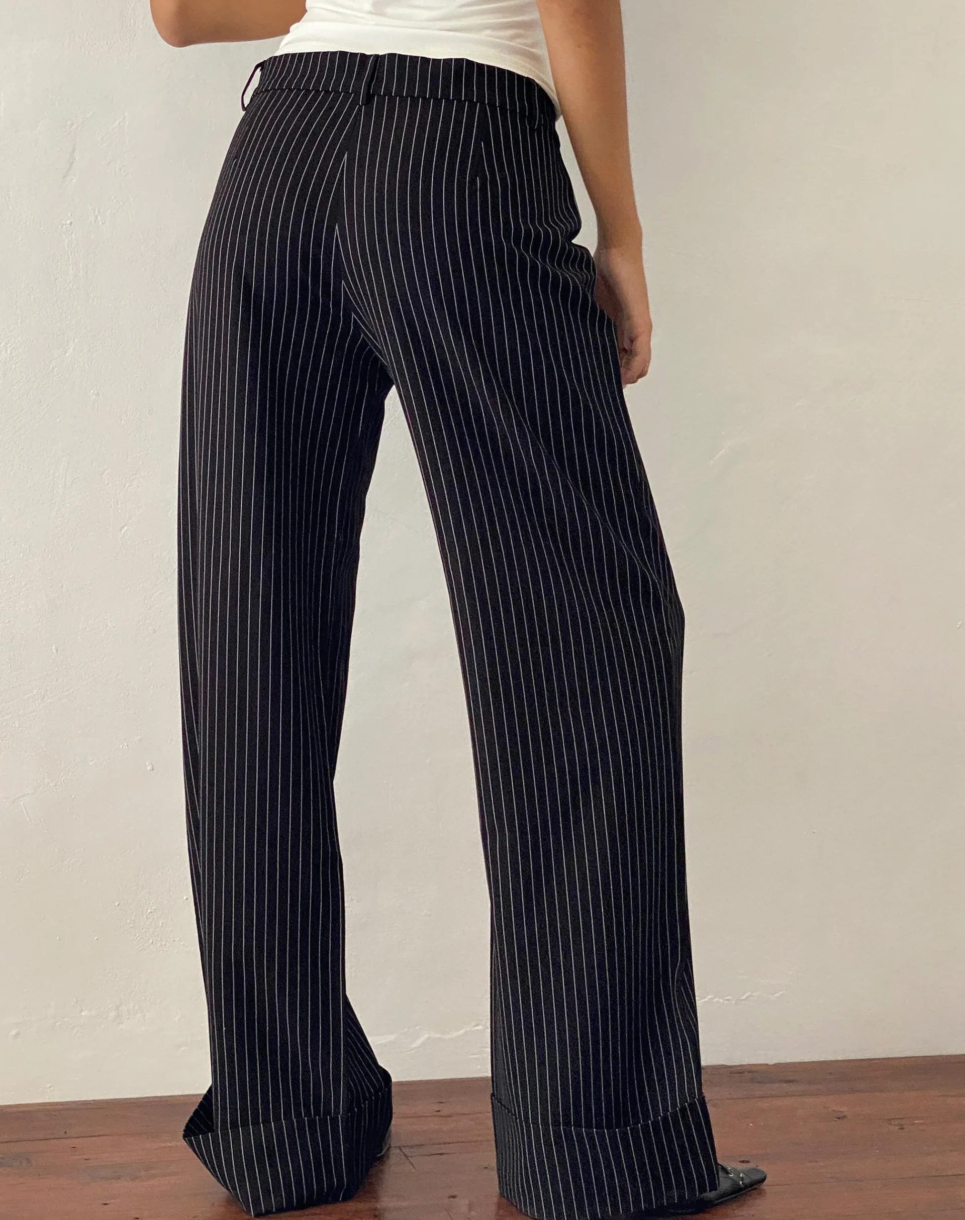 Motel Rocks Tailoring | Wide Leg Pants-Abba Low Rise Trouser in Black Pinstripe Tailoring blackpinstripe