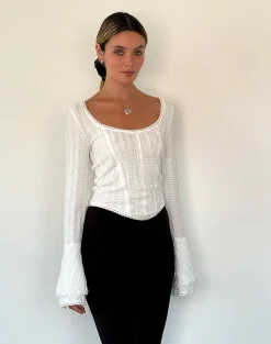 Motel Rocks Long Sleeve Tops-Abella Textured Flute Sleeve Top in Ivory