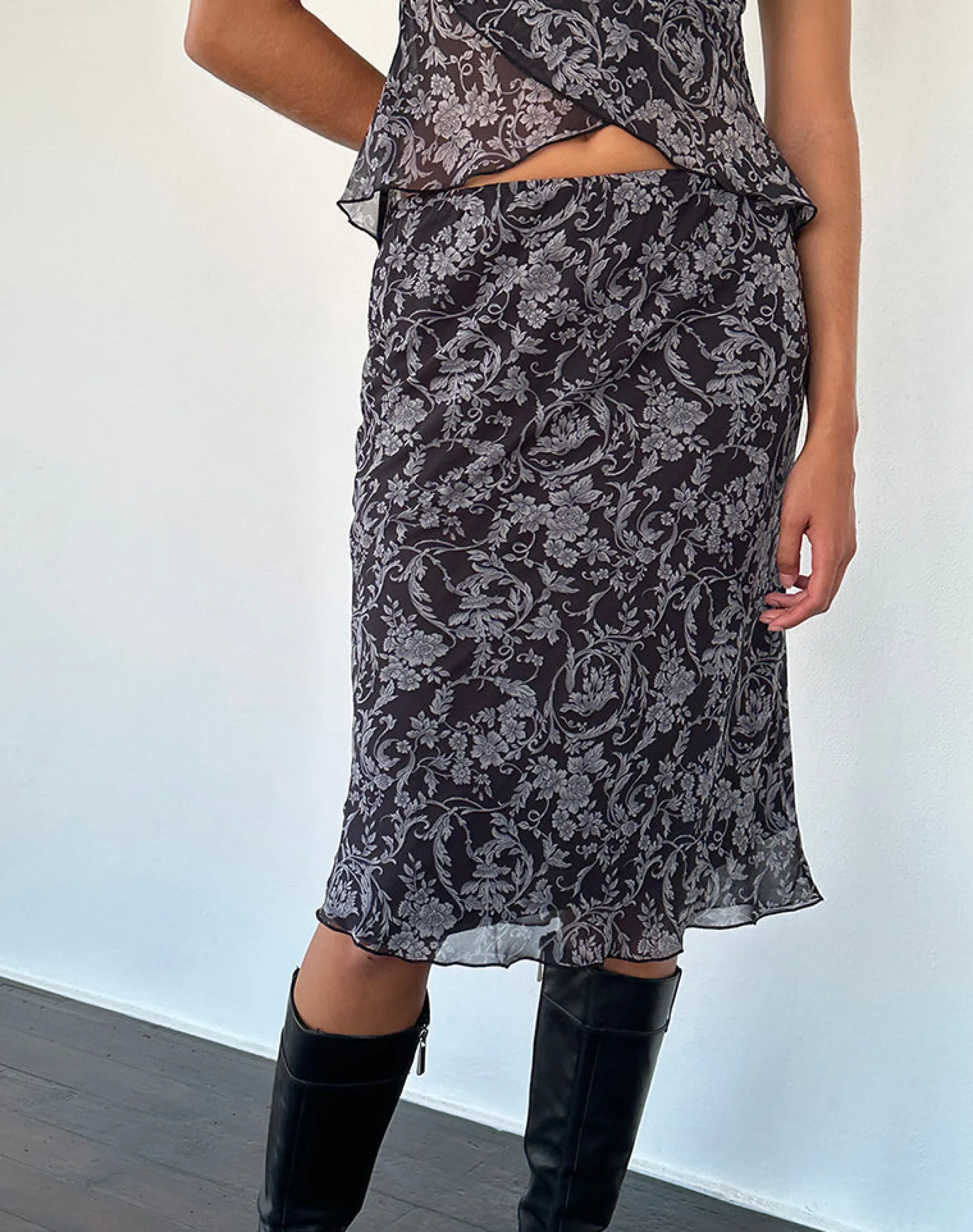 Motel Rocks A Line Skirts | Midi Skirts-Abetzi Midi Skirt in Baroque Black Print