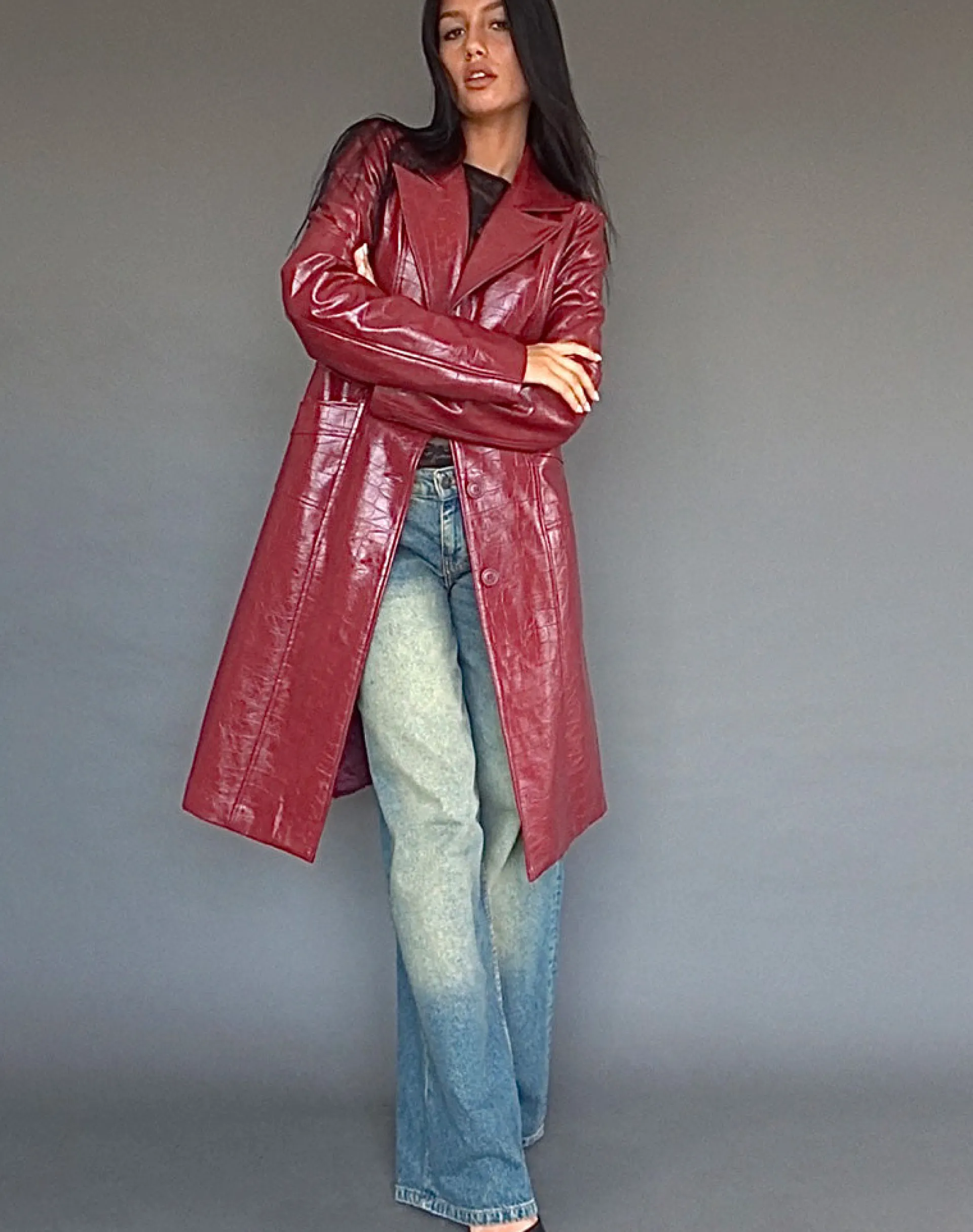 Motel Rocks Pu Jackets-Abigail Coat in Matte PU Croc Burgundy