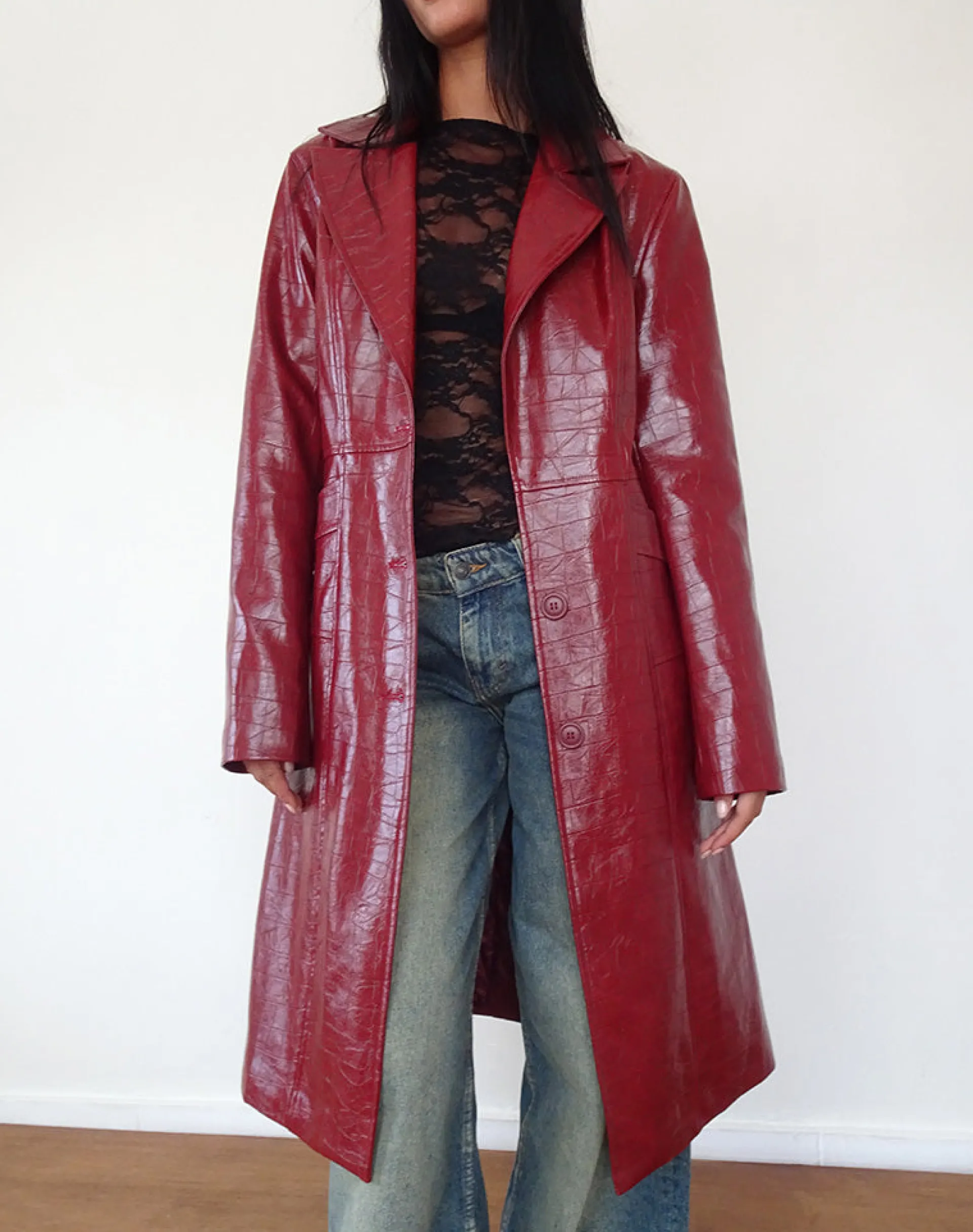 Motel Rocks Pu Jackets-Abigail Coat in Matte PU Croc Burgundy