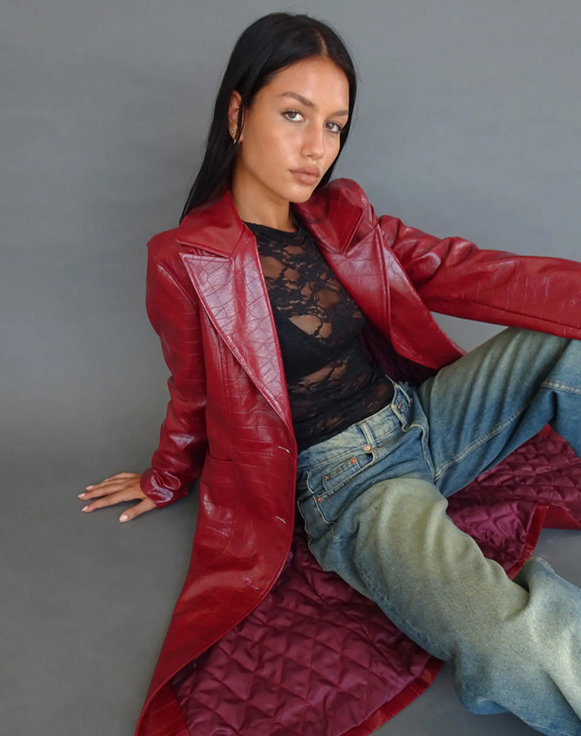 Motel Rocks Pu Jackets-Abigail Coat in Matte PU Croc Burgundy
