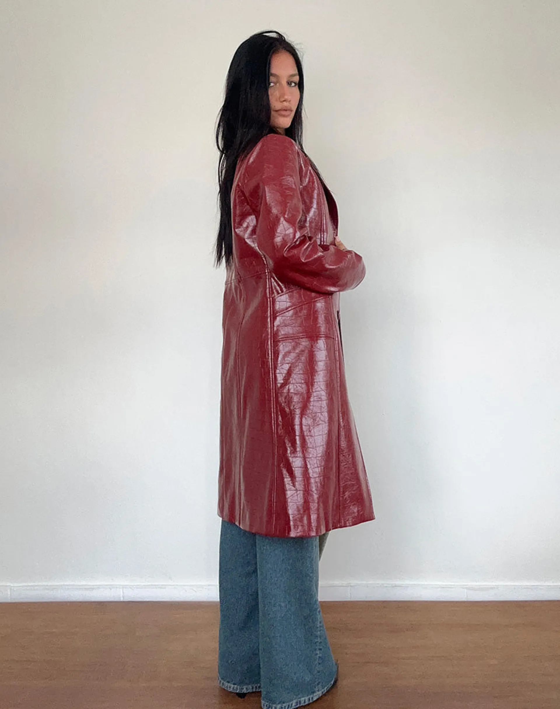 Motel Rocks Pu Jackets-Abigail Coat in Matte PU Croc Burgundy