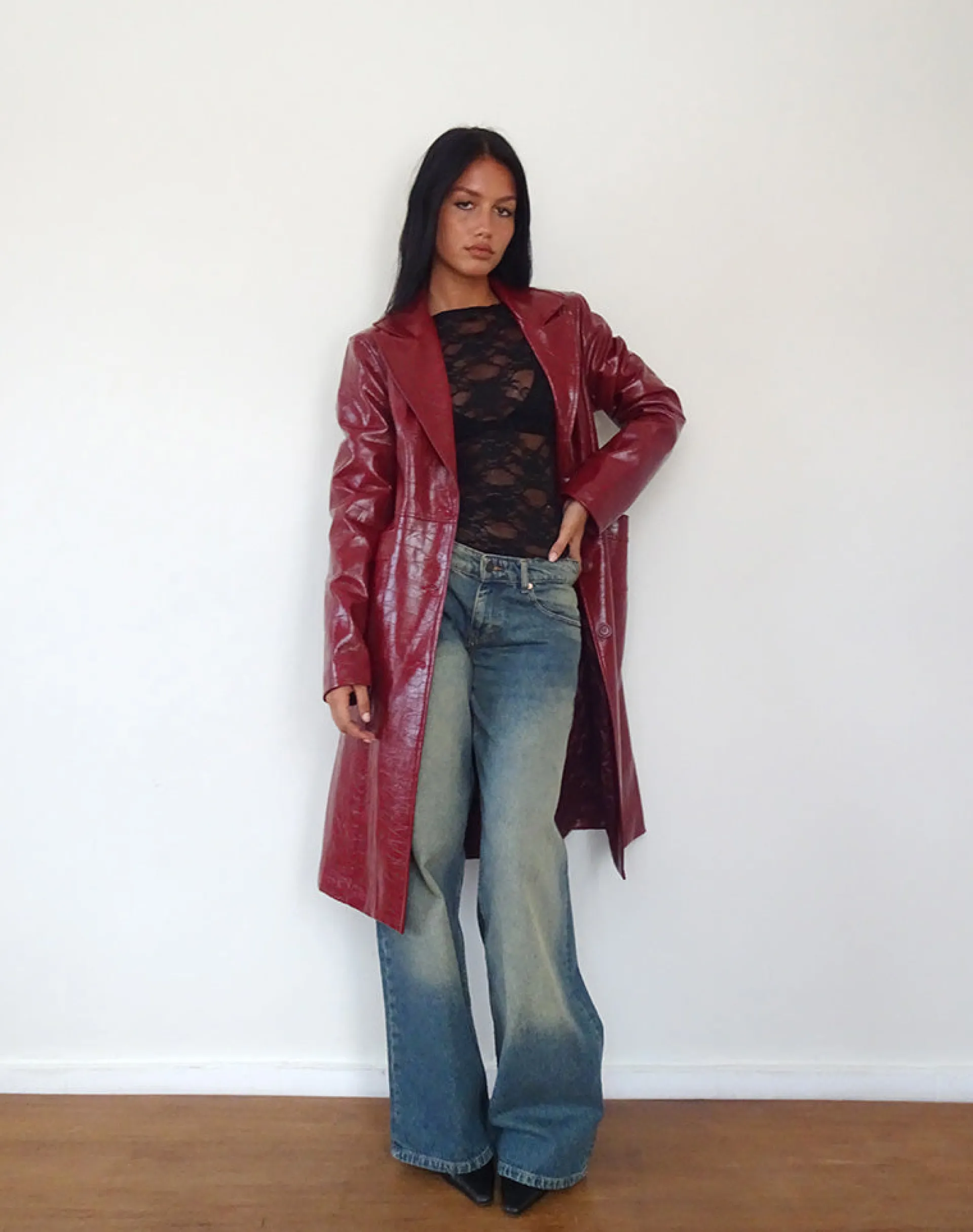 Motel Rocks Pu Jackets-Abigail Coat in Matte PU Croc Burgundy
