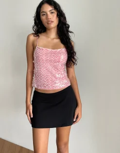 Motel Rocks Strappy Tops | Sequin Tops-Abony Cami Top in Big Sequin Clear Tinted Pink