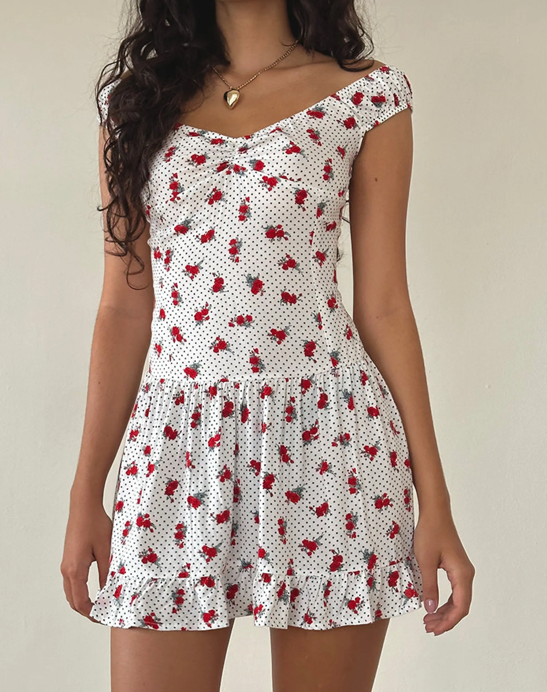 Motel Rocks Printed Dresses | Mini Dresses-Aca Bardot Mini Dress in White Rose Polka