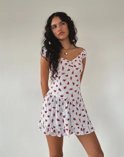 Motel Rocks Printed Dresses | Mini Dresses-Aca Bardot Mini Dress in White Rose Polka