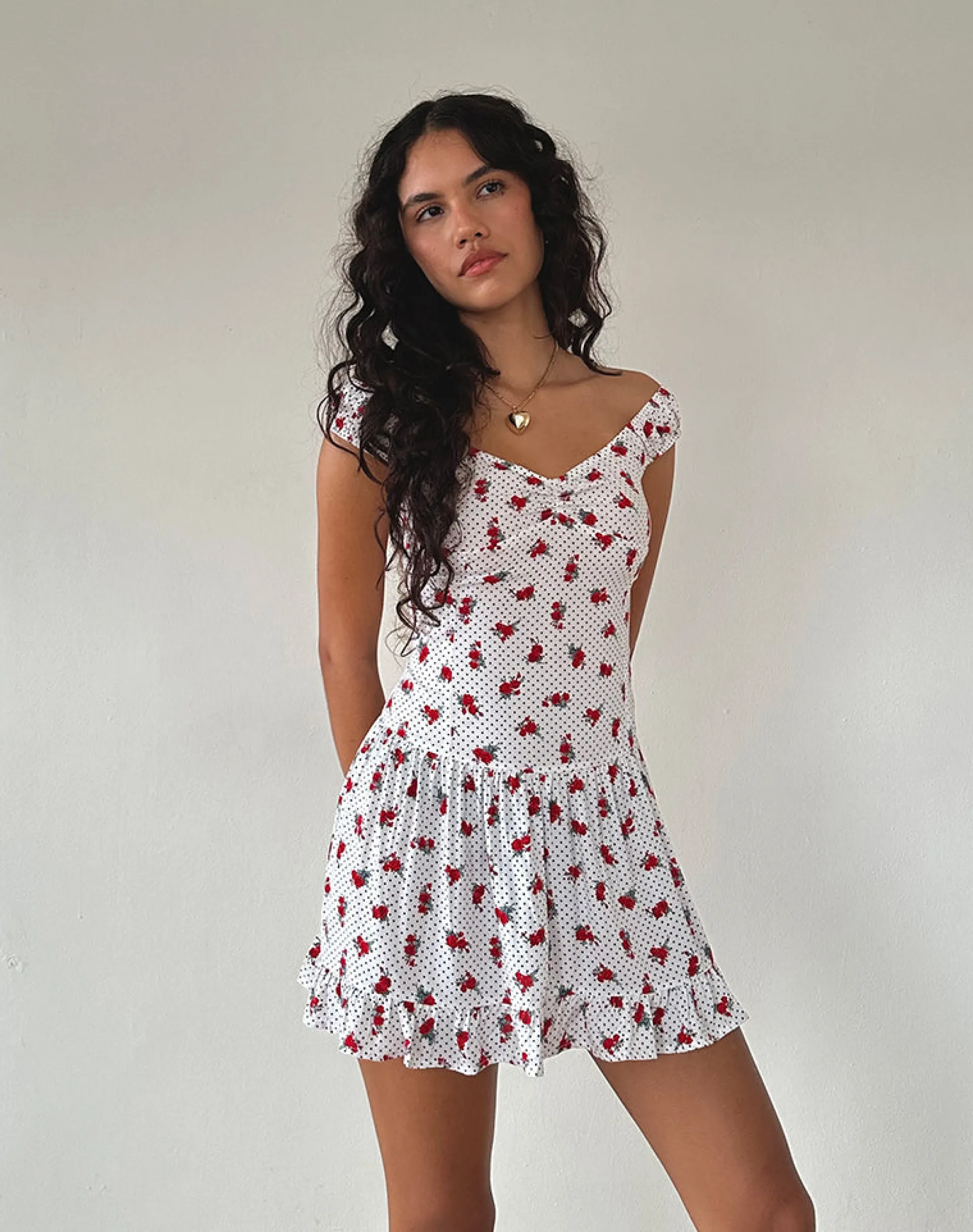 Motel Rocks Printed Dresses | Mini Dresses-Aca Bardot Mini Dress in White Rose Polka