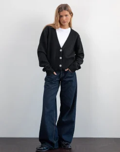 Motel Rocks Cardigans-Acera Knitted Cardigan in Black with Silver Flower Buttons