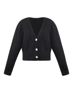 Motel Rocks Cardigans-Acera Knitted Cardigan in Black with Silver Flower Buttons