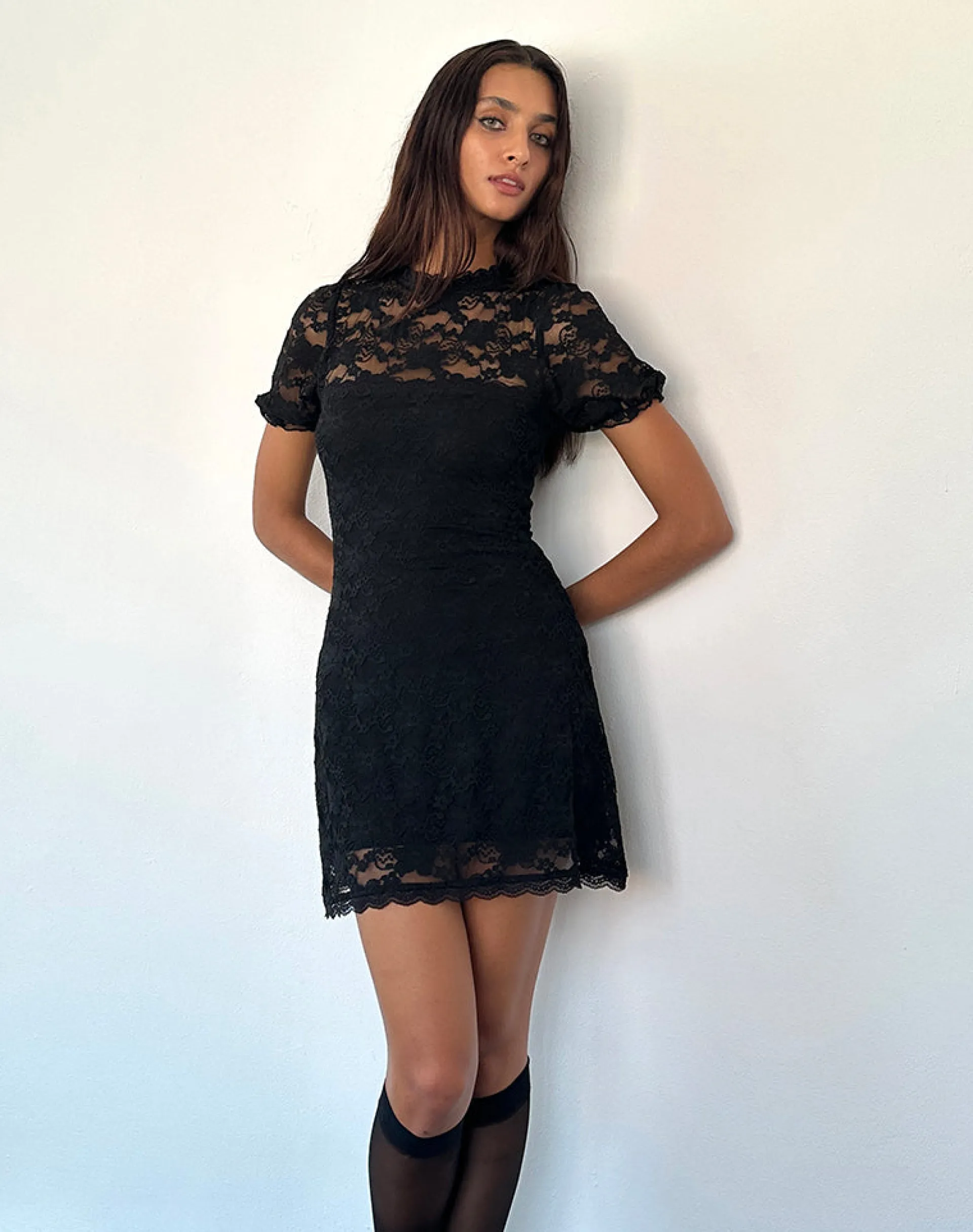Motel Rocks Printed Dresses | Day Dresses-Adele Mini Tea Dress in Black Jasmine Lace