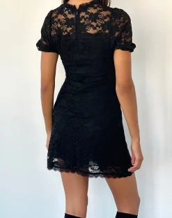 Motel Rocks Printed Dresses | Day Dresses-Adele Mini Tea Dress in Black Jasmine Lace