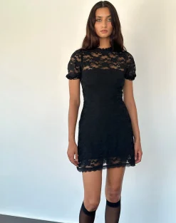 Motel Rocks Printed Dresses | Day Dresses-Adele Mini Tea Dress in Black Jasmine Lace