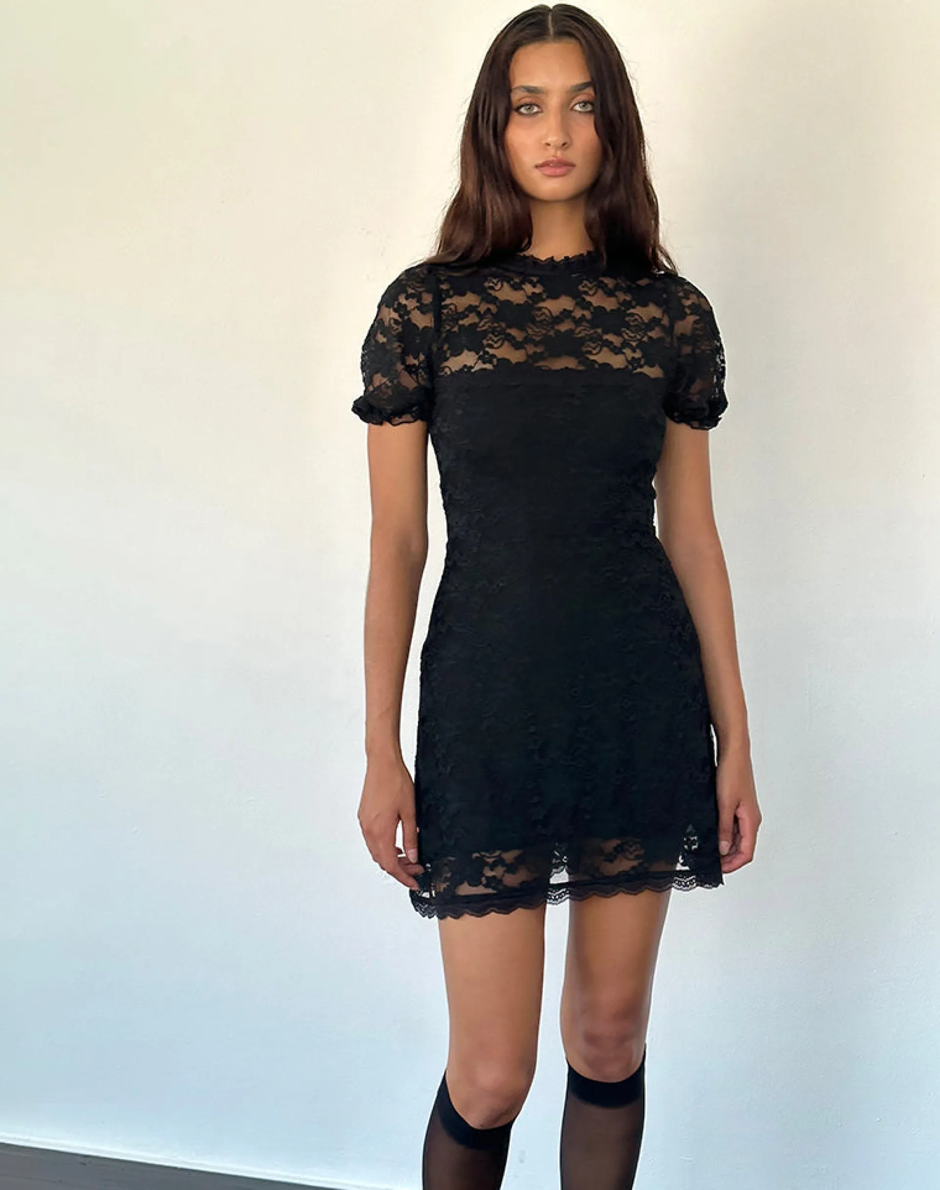Motel Rocks Printed Dresses | Day Dresses-Adele Mini Tea Dress in Black Jasmine Lace
