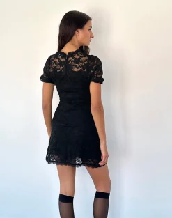 Motel Rocks Printed Dresses | Day Dresses-Adele Mini Tea Dress in Black Jasmine Lace