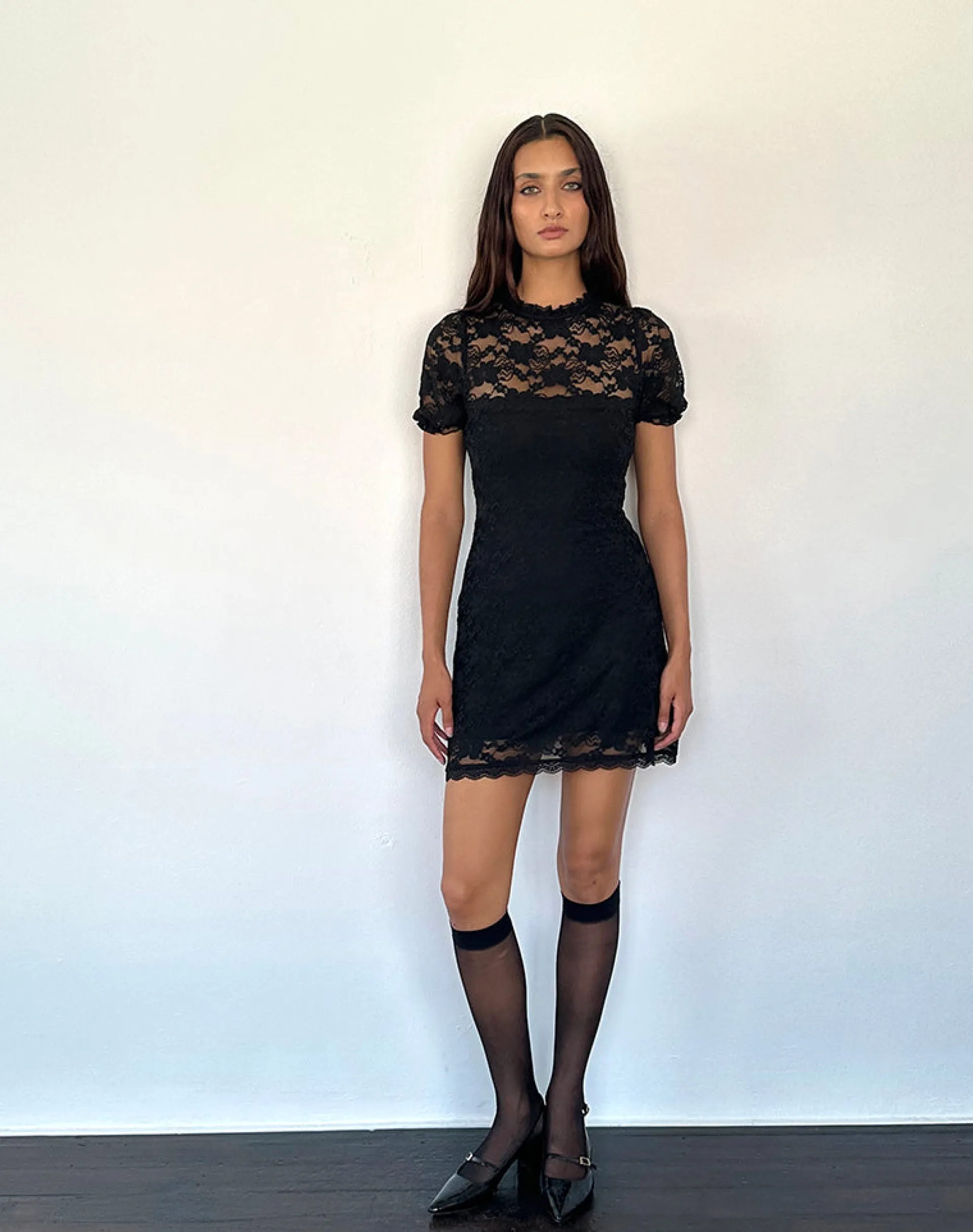 Motel Rocks Printed Dresses | Day Dresses-Adele Mini Tea Dress in Black Jasmine Lace