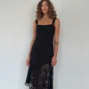Motel Rocks Party Dresses | Midi Dresses-Adeliza Asymmetric Midi Dress in Floral Lace Jet Black