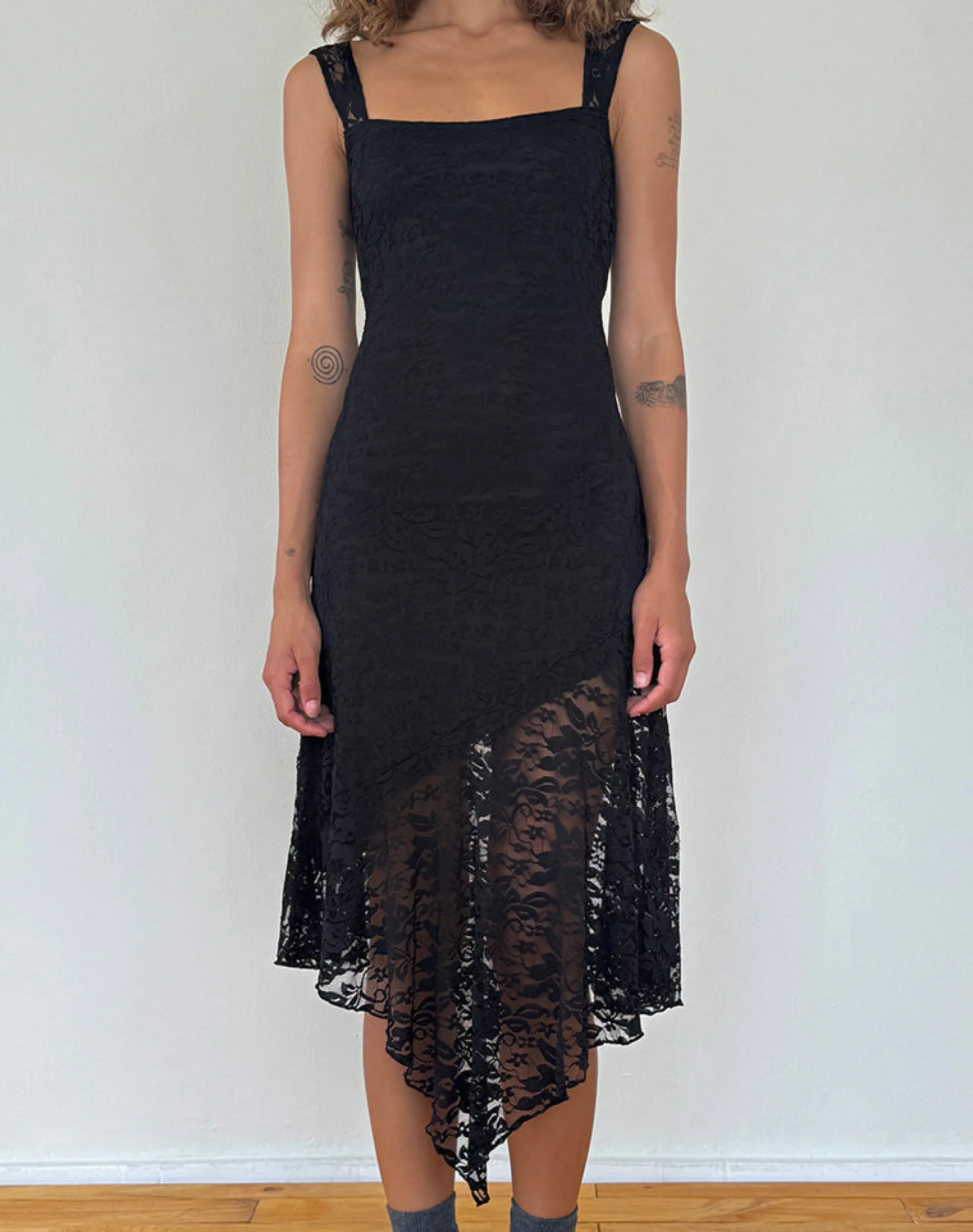 Motel Rocks Party Dresses | Midi Dresses-Adeliza Asymmetric Midi Dress in Floral Lace Jet Black