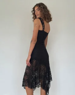 Motel Rocks Party Dresses | Midi Dresses-Adeliza Asymmetric Midi Dress in Floral Lace Jet Black