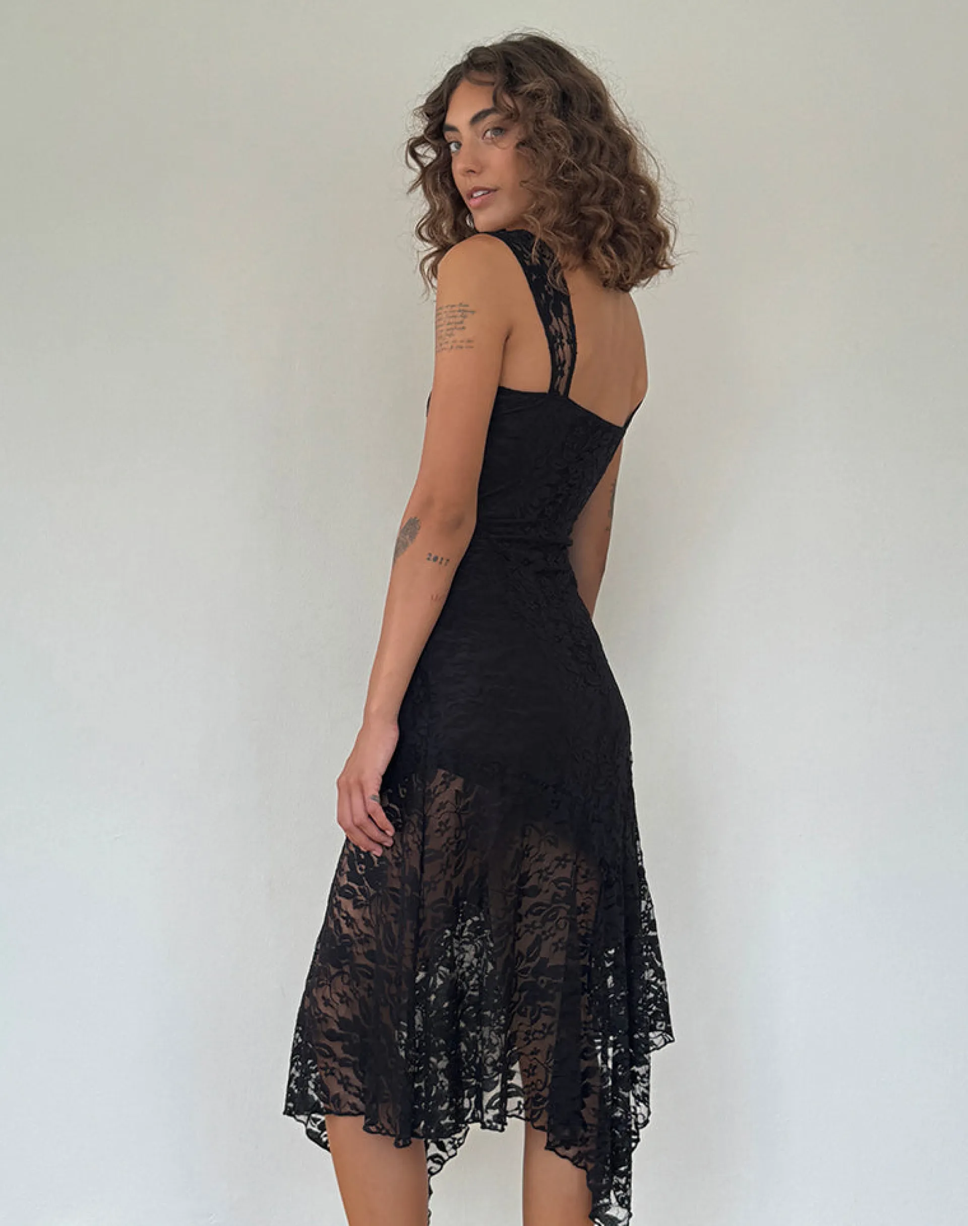 Motel Rocks Party Dresses | Midi Dresses-Adeliza Asymmetric Midi Dress in Floral Lace Jet Black