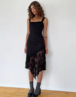 Motel Rocks Party Dresses | Midi Dresses-Adeliza Asymmetric Midi Dress in Floral Lace Jet Black