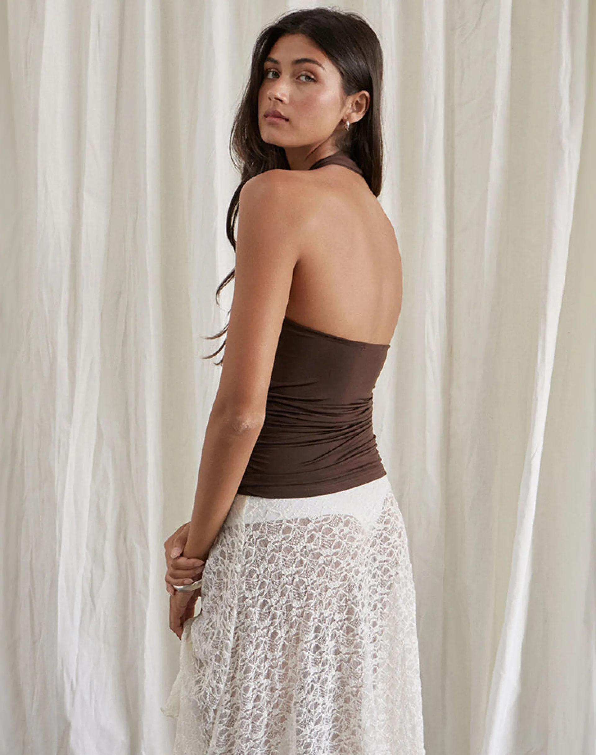 Motel Rocks Co-Ords | Basic Tops-Adora Halterneck Top in Slinky Chocolate