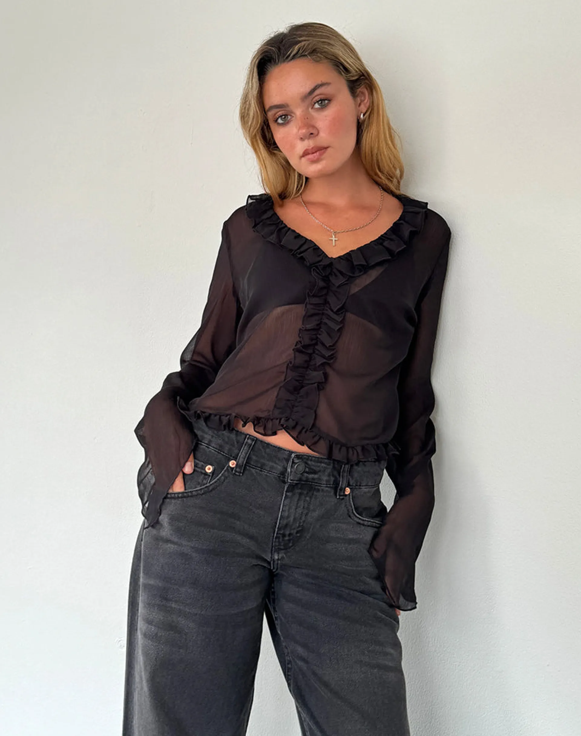 Motel Rocks Going Out Tops-Adriana Ruffle Top in Chiffon Black