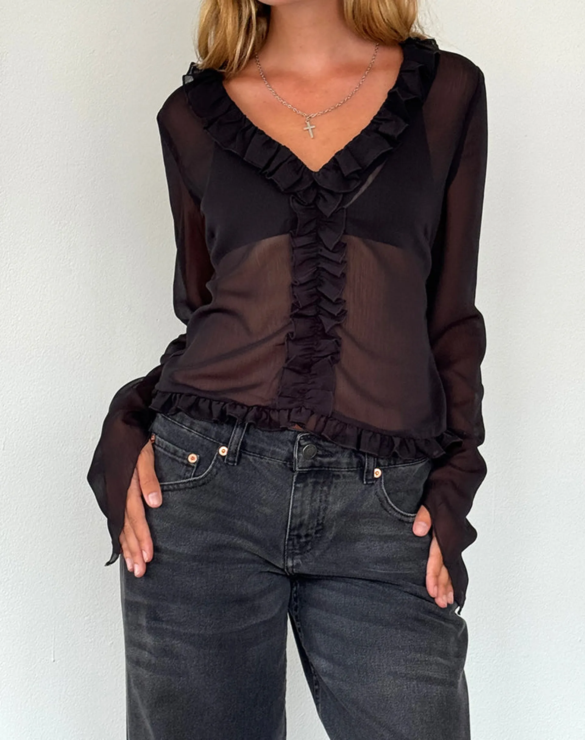 Motel Rocks Going Out Tops-Adriana Ruffle Top in Chiffon Black