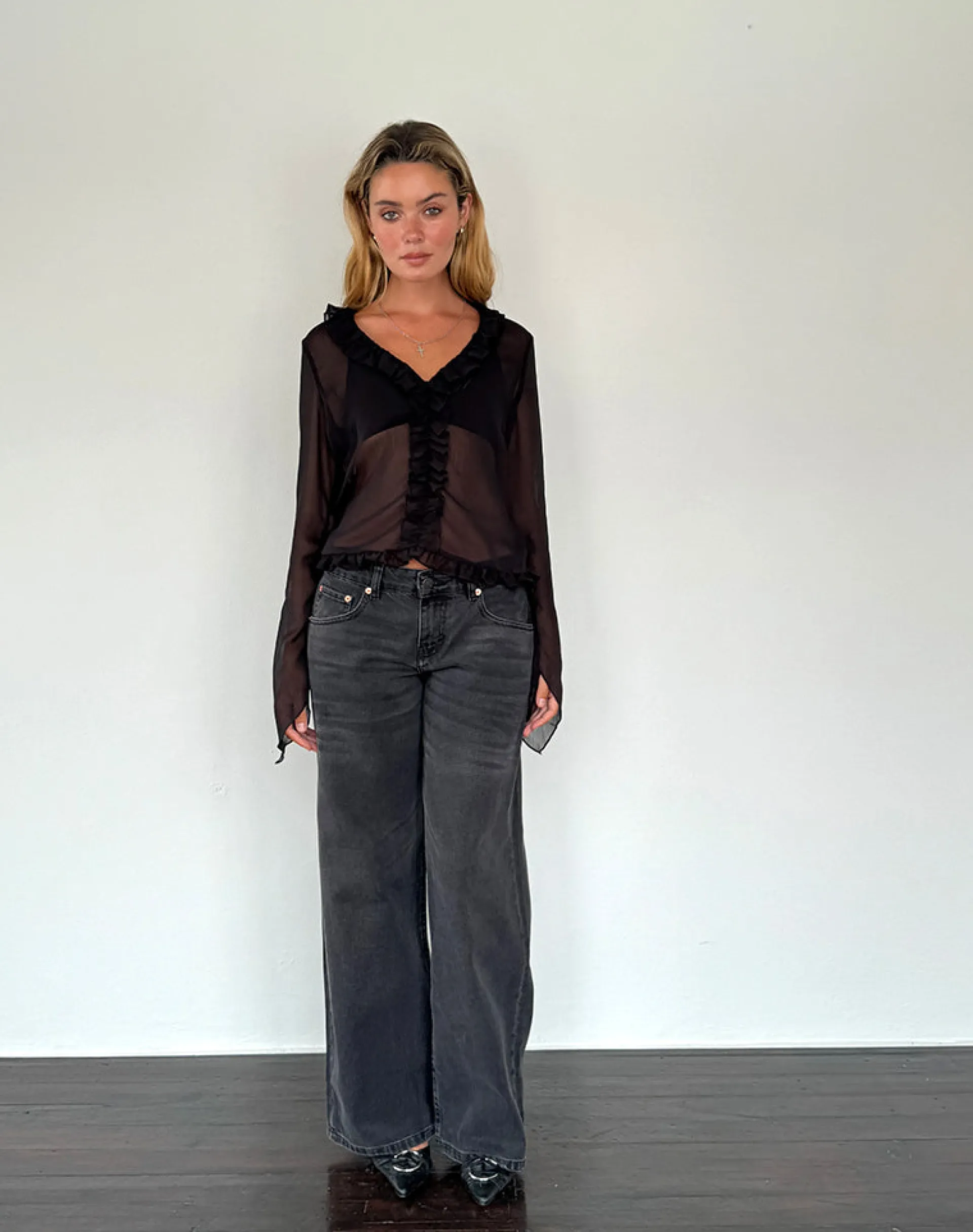 Motel Rocks Going Out Tops-Adriana Ruffle Top in Chiffon Black
