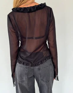 Motel Rocks Going Out Tops-Adriana Ruffle Top in Chiffon Black