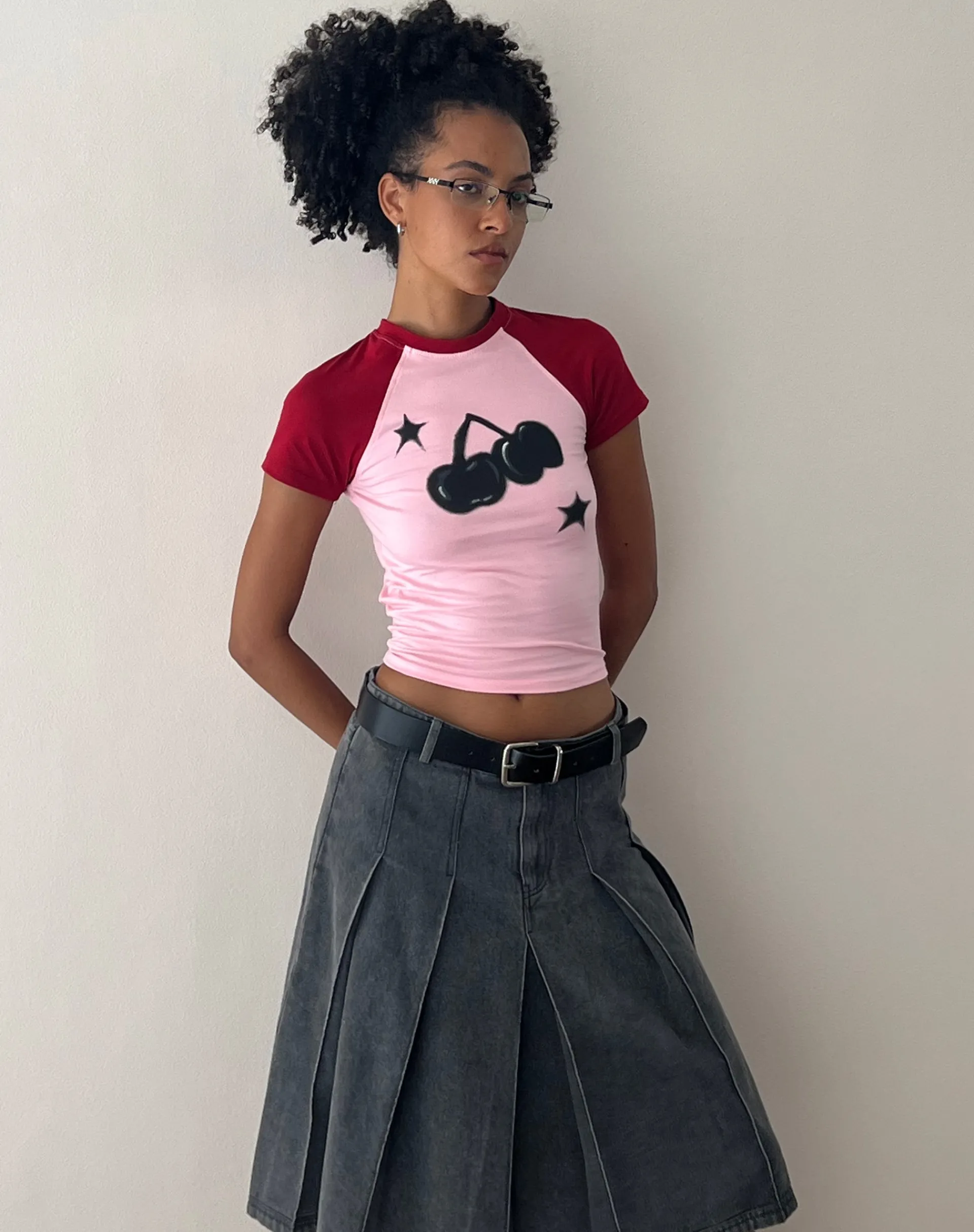 Motel Rocks Tees-Agneta Baby Tee in Ballet Pink with Red Cherry Print BalletPinkwithRedCherryPrint