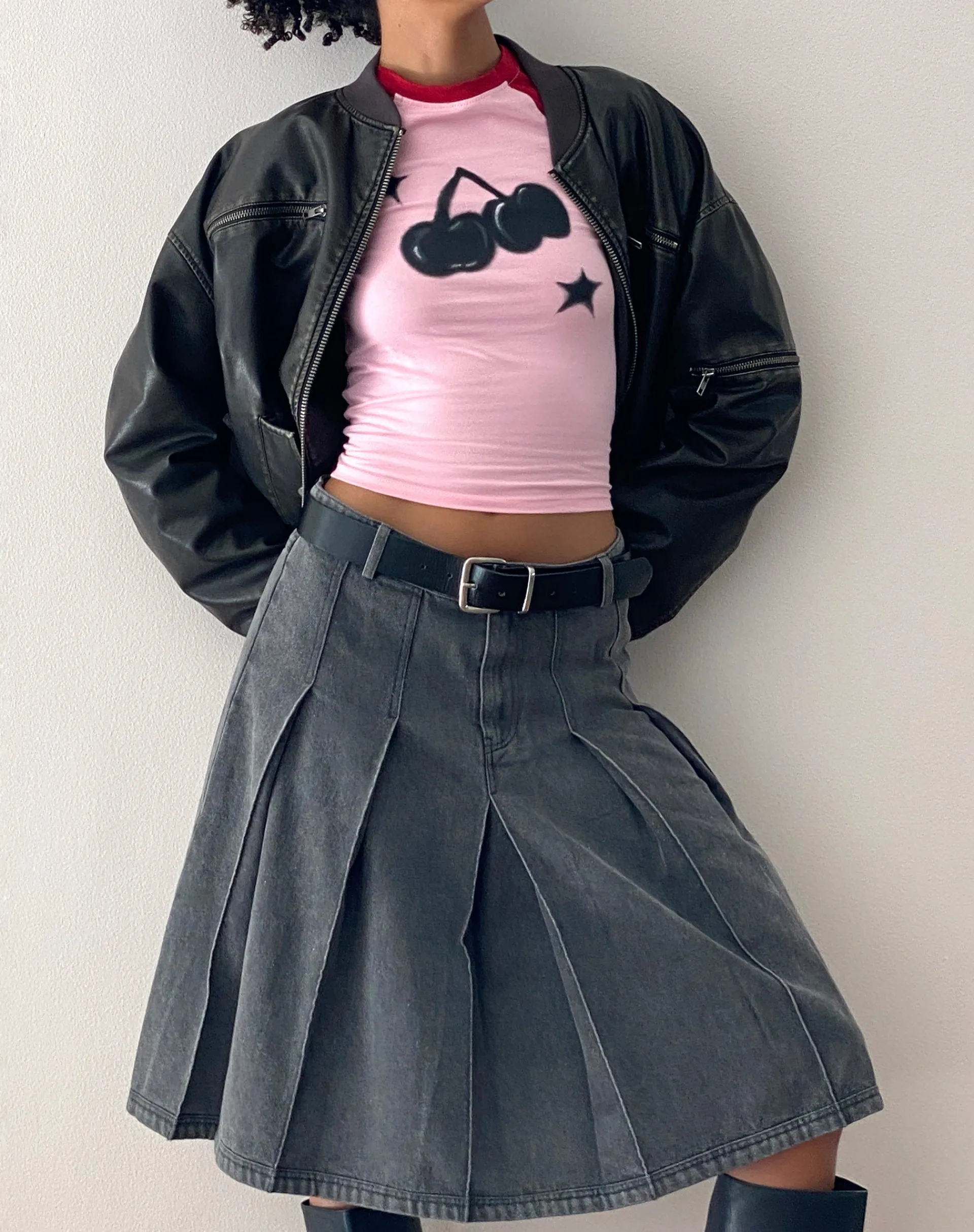 Motel Rocks Tees-Agneta Baby Tee in Ballet Pink with Red Cherry Print BalletPinkwithRedCherryPrint