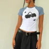 Motel Rocks Tees-Agneta Baby Tee in White with Faded Denim Cherry Print WhitewithFadedDenimCherryPrint