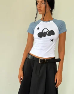 Motel Rocks Tees-Agneta Baby Tee in White with Faded Denim Cherry Print WhitewithFadedDenimCherryPrint