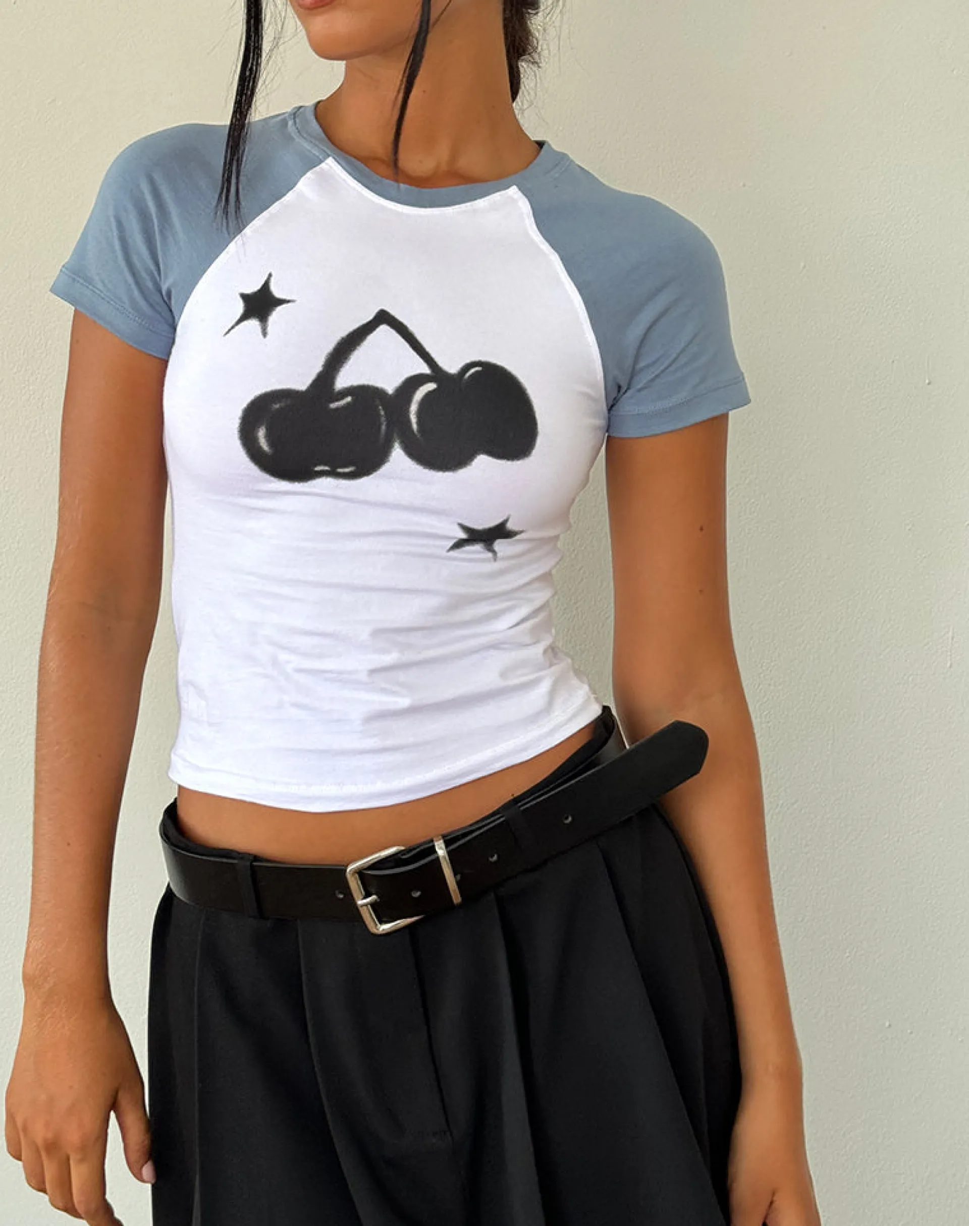 Motel Rocks Tees-Agneta Baby Tee in White with Faded Denim Cherry Print WhitewithFadedDenimCherryPrint