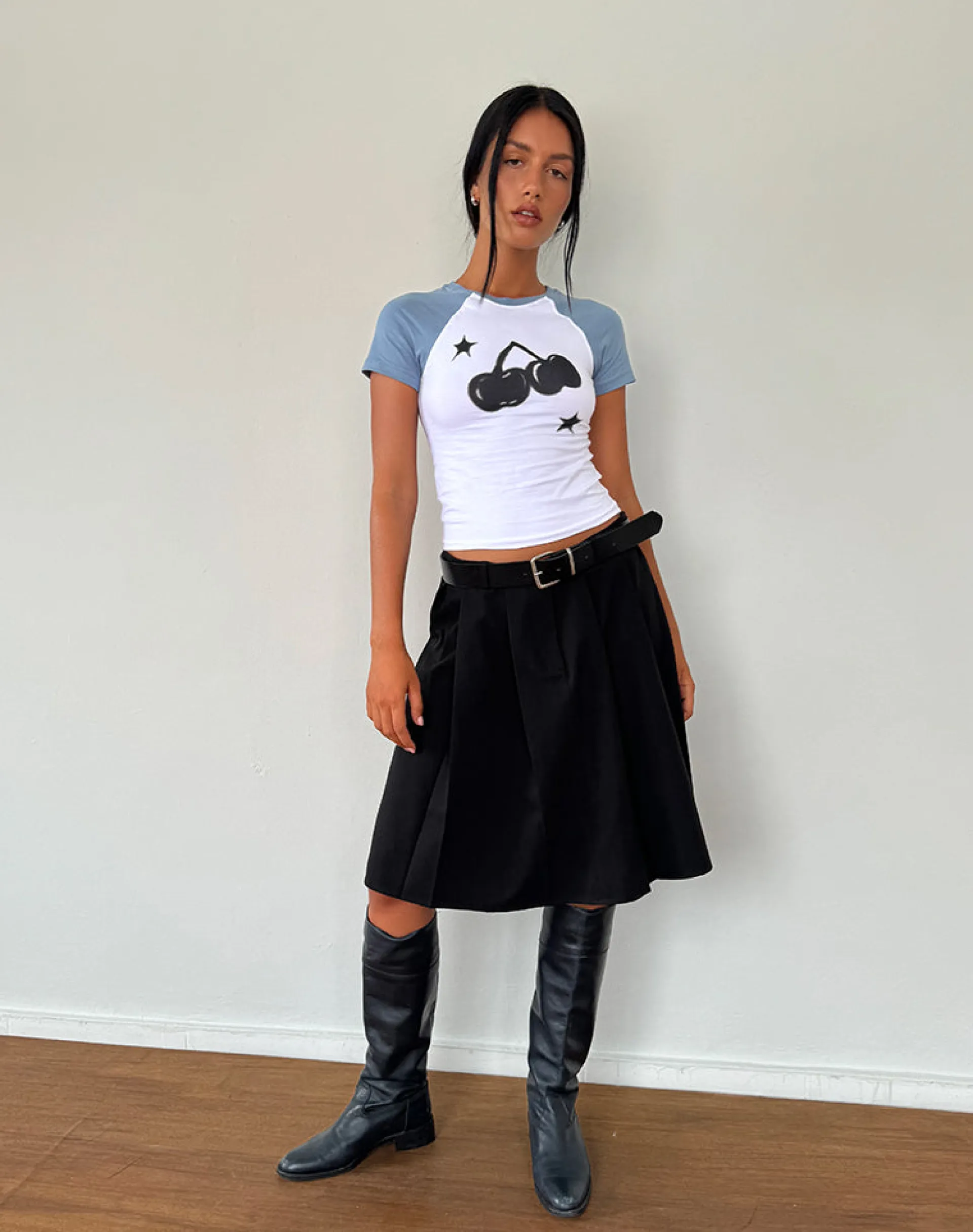 Motel Rocks Tees-Agneta Baby Tee in White with Faded Denim Cherry Print WhitewithFadedDenimCherryPrint