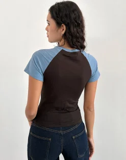 Motel Rocks Basic Tops | Printed Tops-Agneta Tee in Chocolate Brown and Ash Blue Combination ChocolateBrownandAshBlueCombination