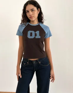 Motel Rocks Basic Tops | Printed Tops-Agneta Tee in Chocolate Brown and Ash Blue Combination ChocolateBrownandAshBlueCombination