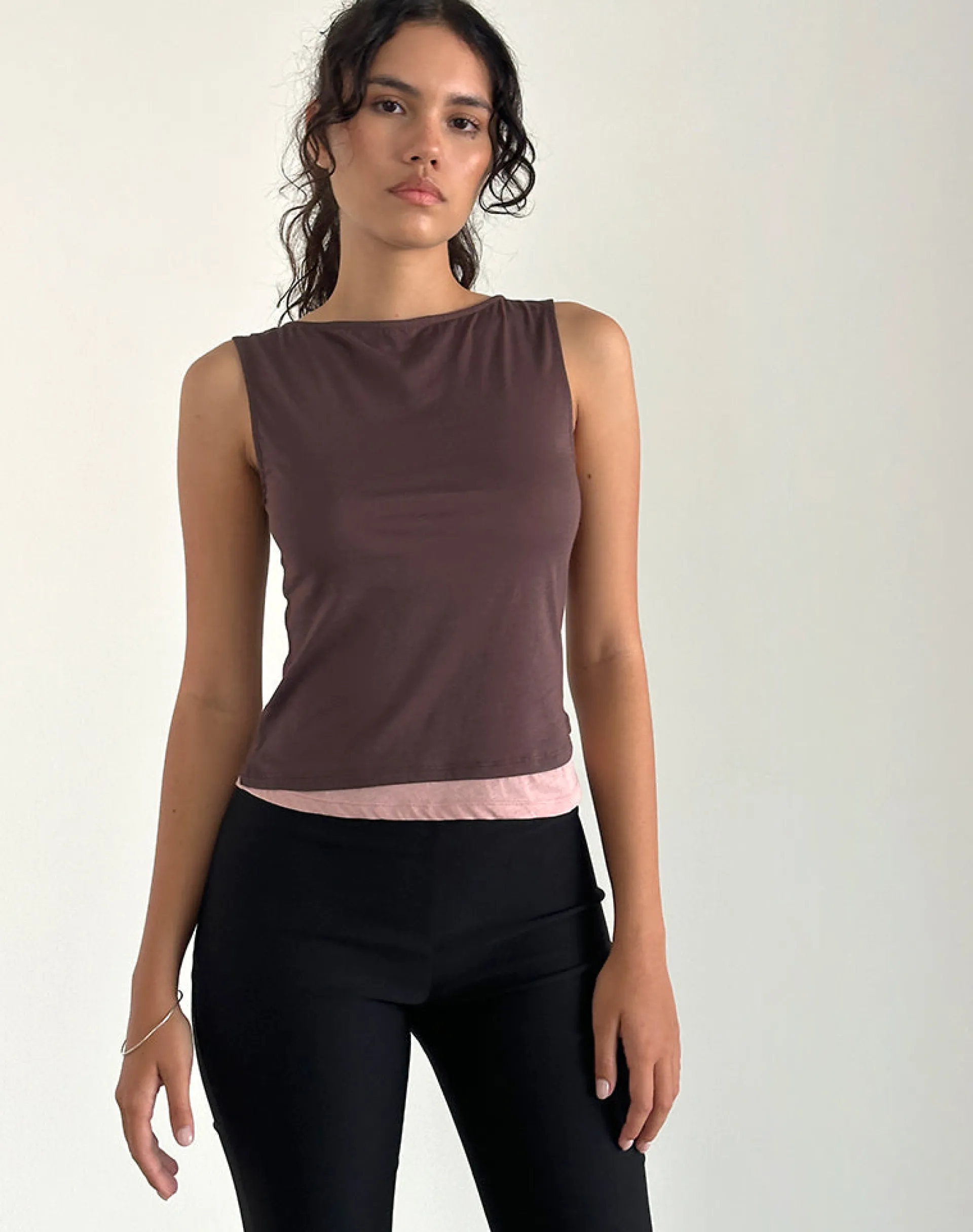 Motel Rocks Vest Tops-Aida Top in Tissue Deep Mahogany with Pink Lady