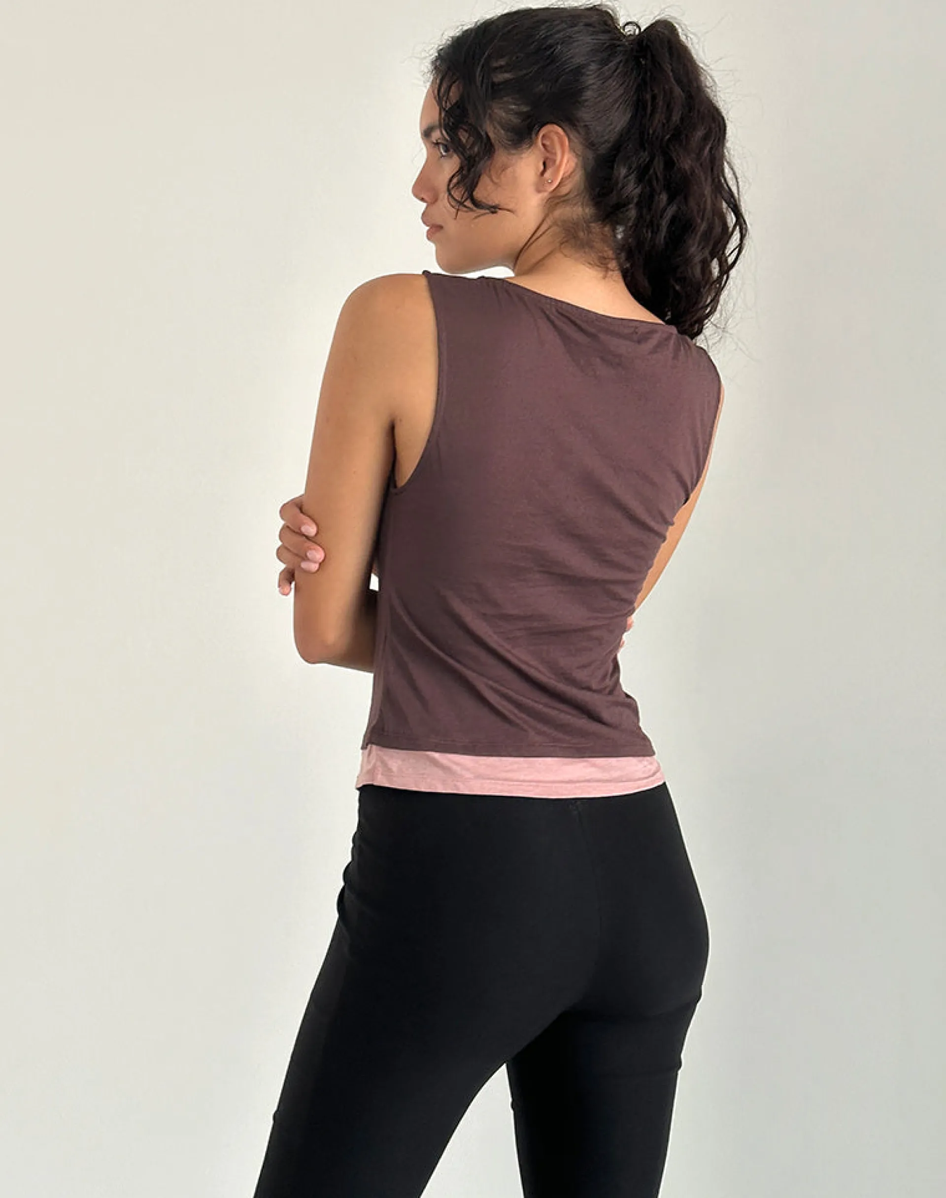 Motel Rocks Vest Tops-Aida Top in Tissue Deep Mahogany with Pink Lady