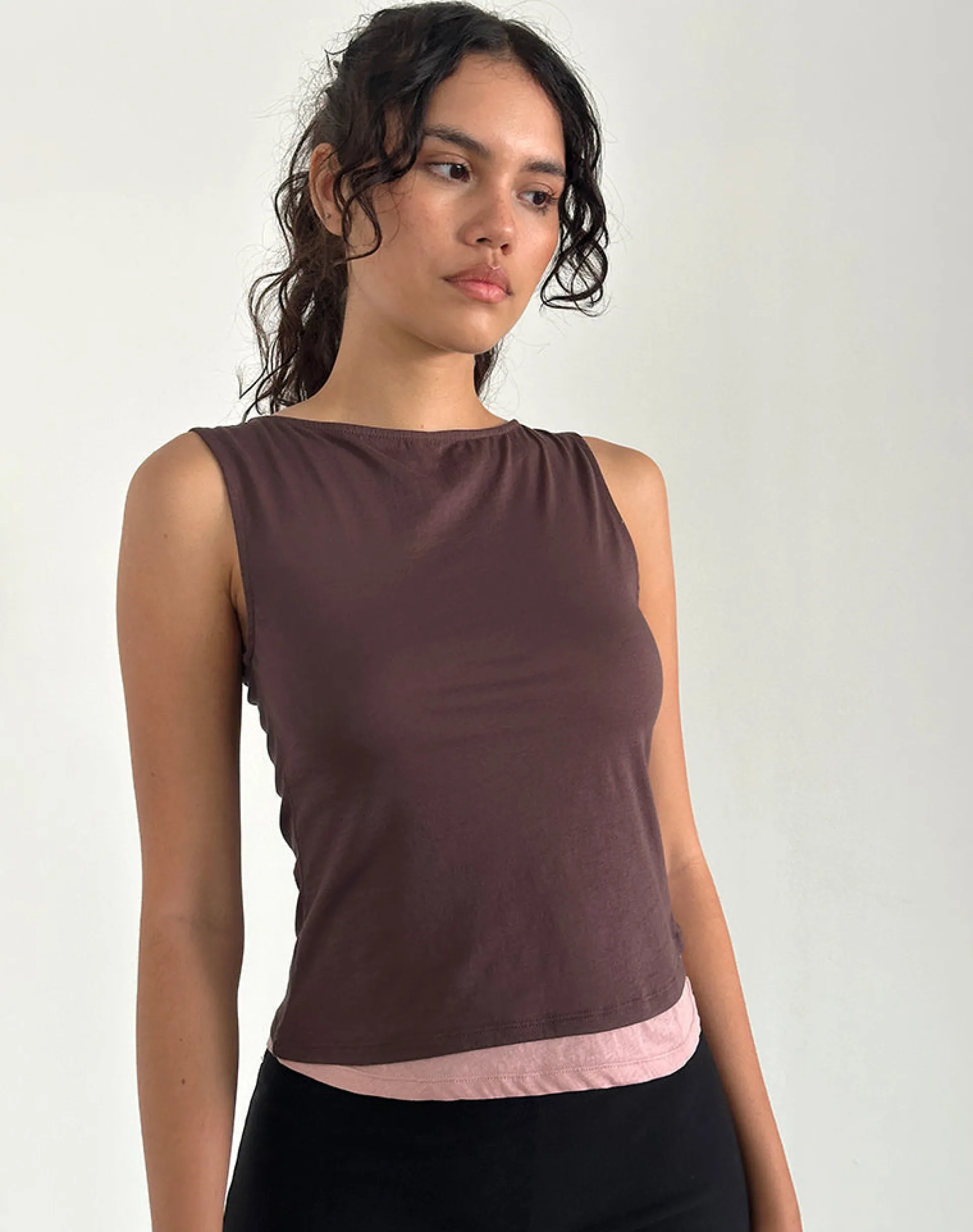 Motel Rocks Vest Tops-Aida Top in Tissue Deep Mahogany with Pink Lady