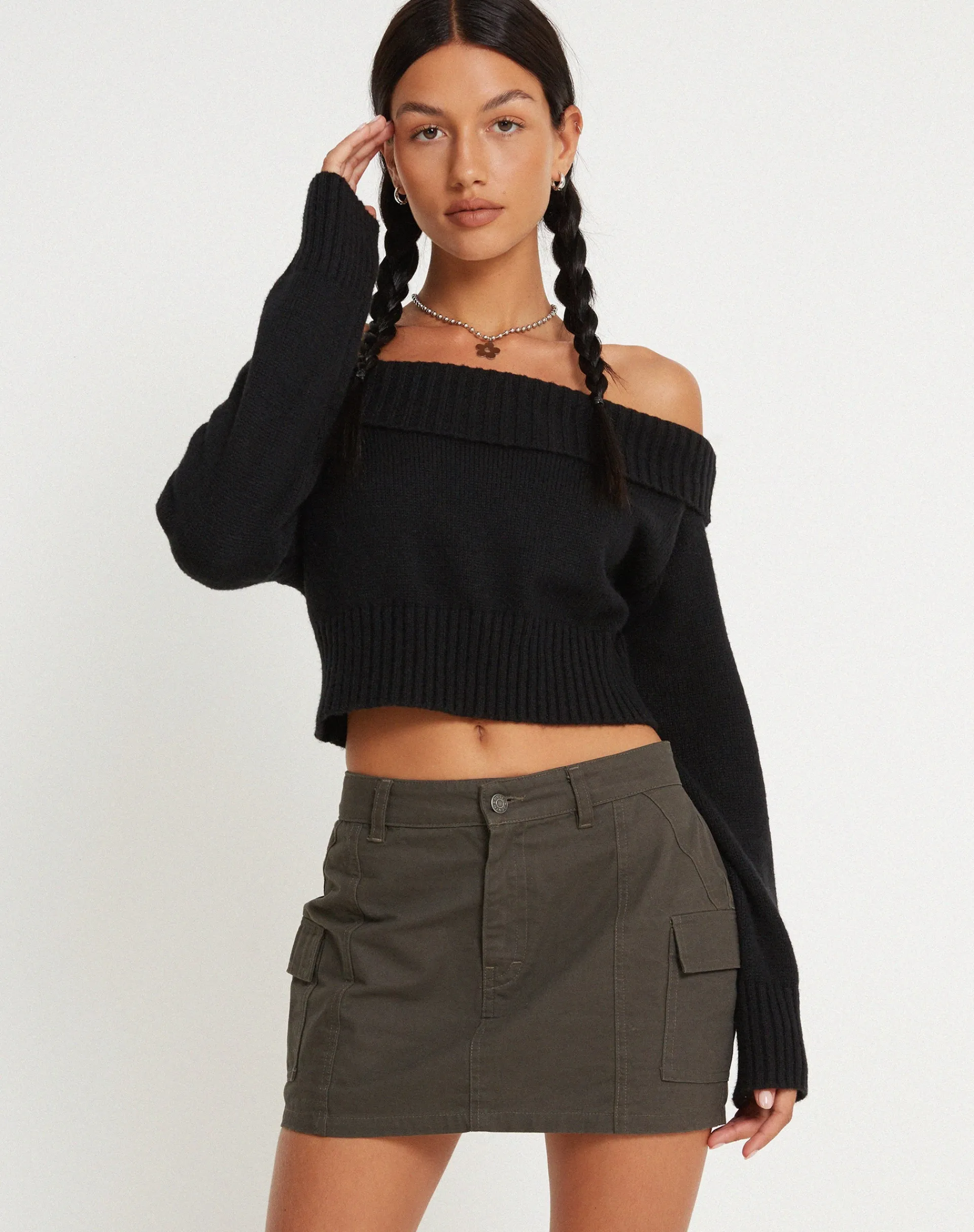 Motel Rocks Basics-Ajeng Low Rise Cargo Mini Skirt in Panama Dark Grey PanamaDarkGrey