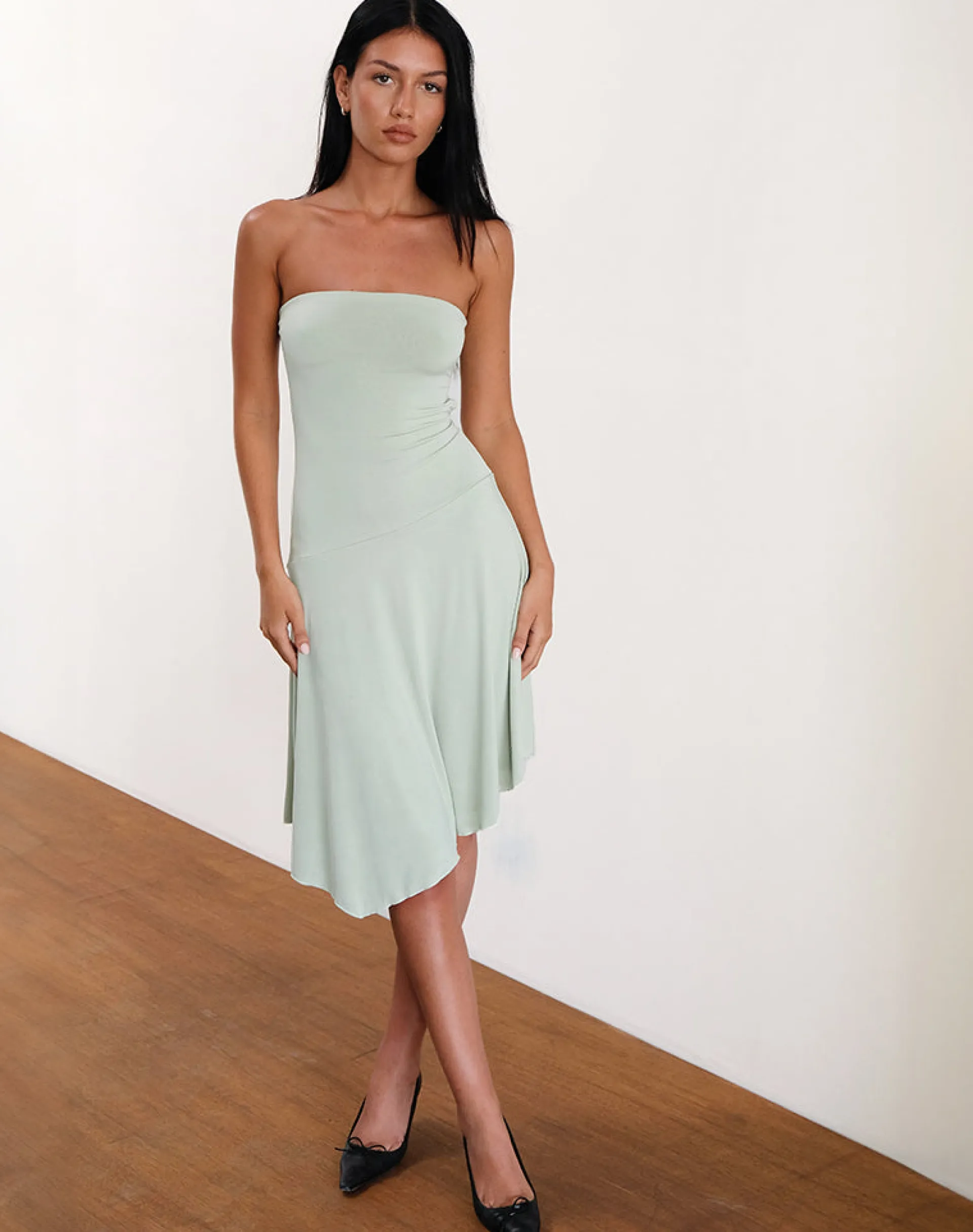 Motel Rocks Bandeau Dresses | Party Dresses-Akira Bandeau Midi Dress in Slinky Sage