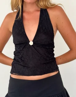 Motel Rocks Halterneck Tops | Lace Tops-Aksa Halterneck Top in Canina Lace Black caninalaceblack