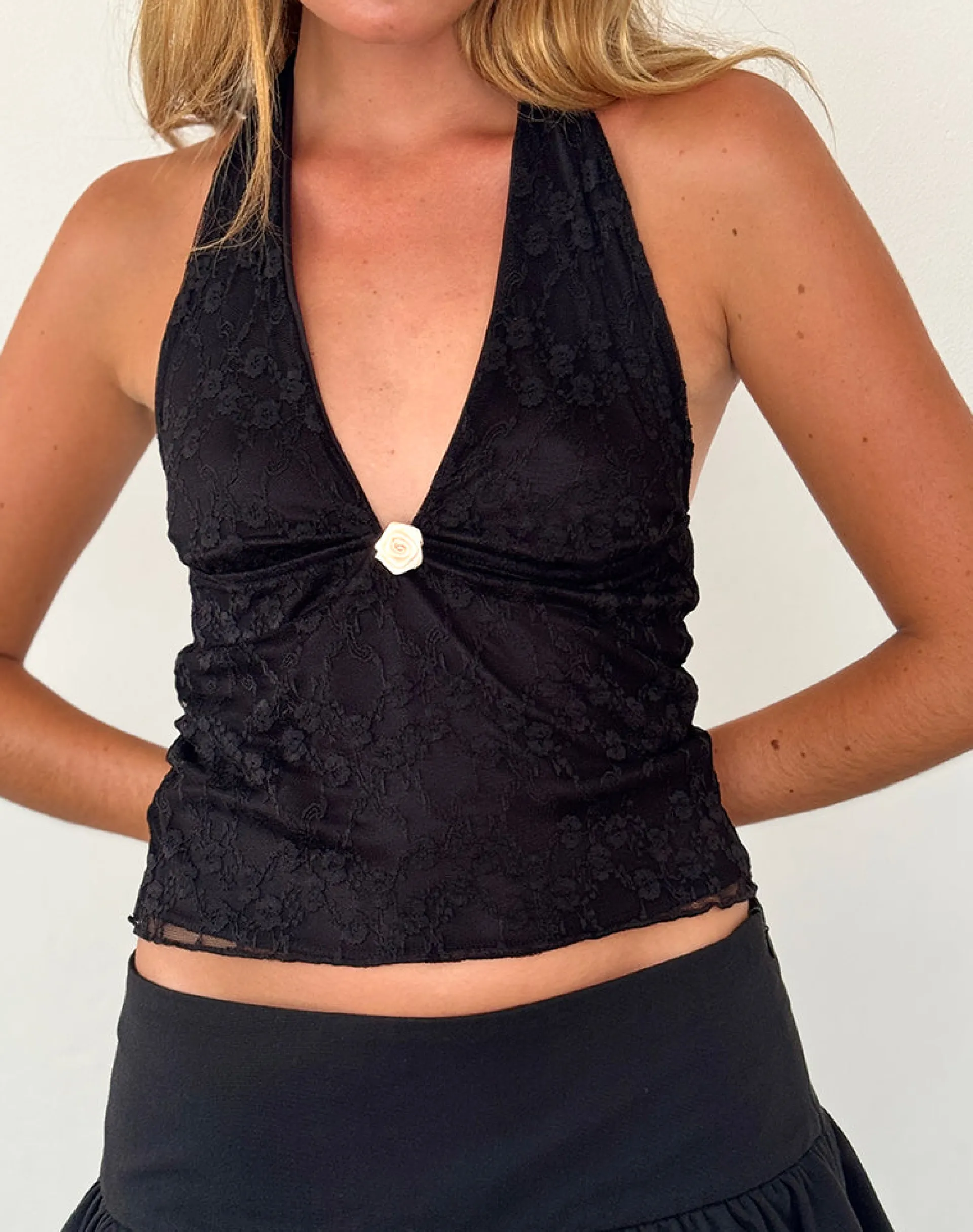 Motel Rocks Halterneck Tops | Lace Tops-Aksa Halterneck Top in Canina Lace Black caninalaceblack