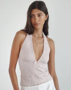Motel Rocks Halterneck Tops | Lace Tops-Aksa Halterneck Top in Lace Lotus Pink LaceLotusPink