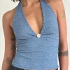 Motel Rocks Halterneck Tops | Lace Tops-Aksa Halterneck Top in Moonlight Blue Lace with Rose MoonlightBlueLacewithRose