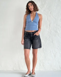 Motel Rocks Halterneck Tops | Lace Tops-Aksa Halterneck Top in Moonlight Blue Lace with Rose MoonlightBlueLacewithRose