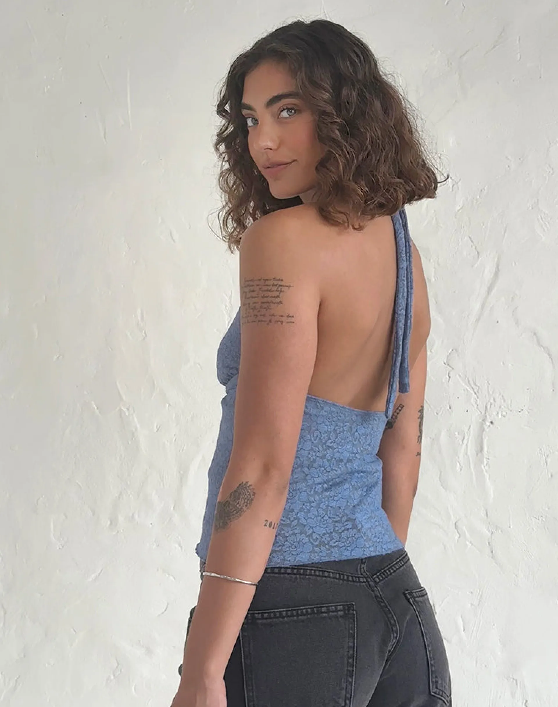 Motel Rocks Halterneck Tops | Lace Tops-Aksa Halterneck Top in Moonlight Blue Lace with Rose MoonlightBlueLacewithRose